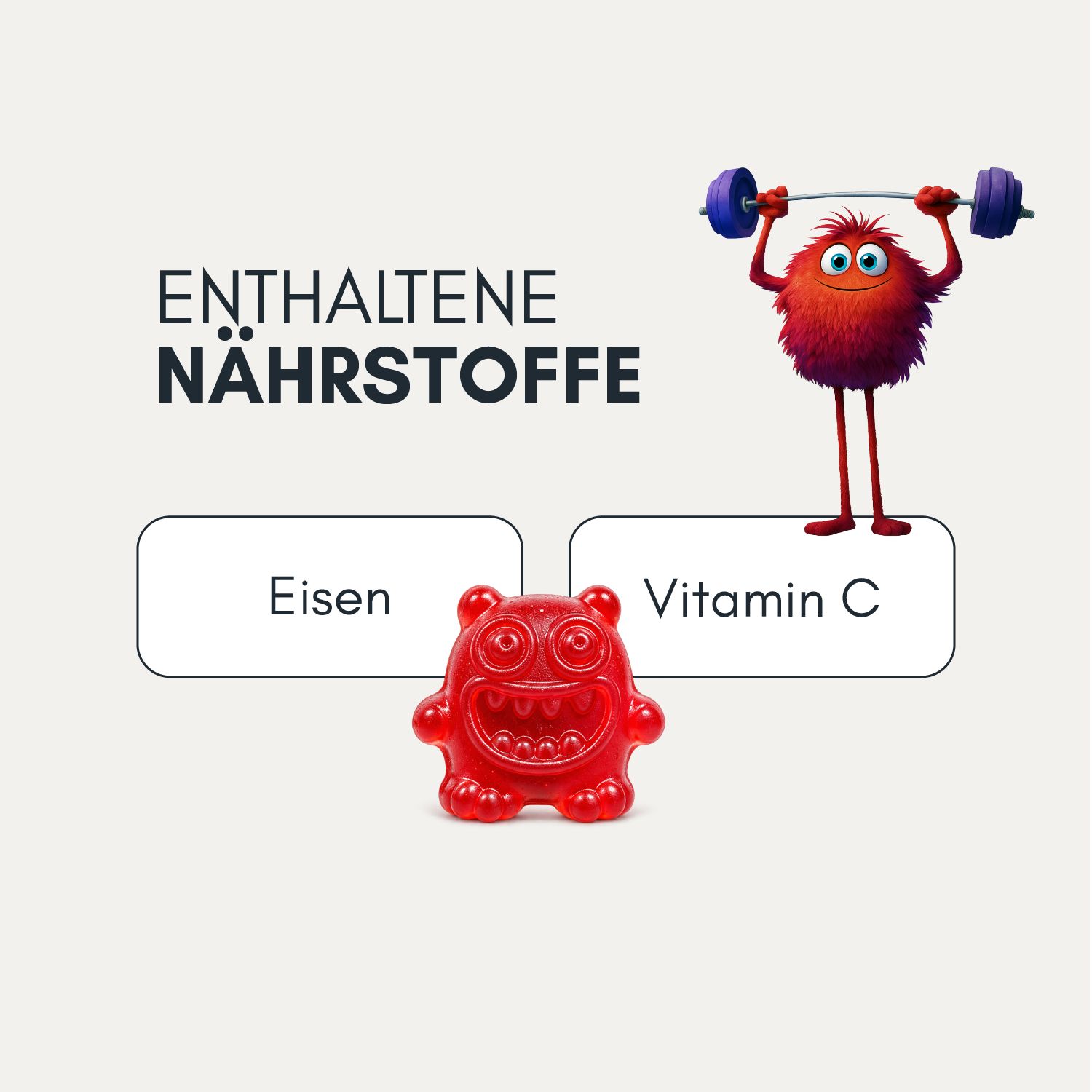 Nährstoffe Eisen und Vitamin C hervorgehoben, mit Gummie und Monster-Figur.
