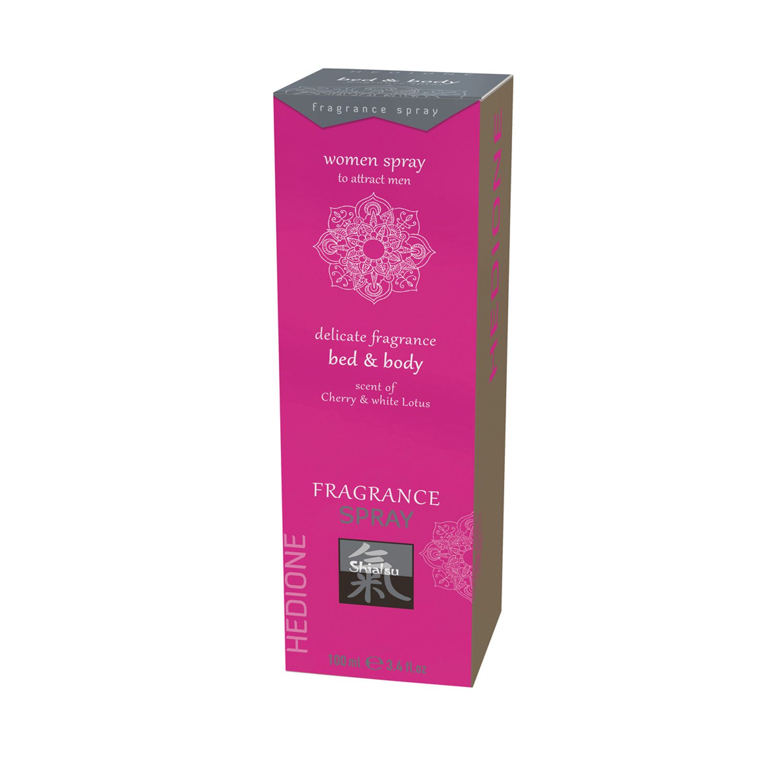 Verpackung mit Aufschrift: "women spray", "delicate fragrance bed & body", "Fragrance Spray". Rosa und graue Farbgebung.