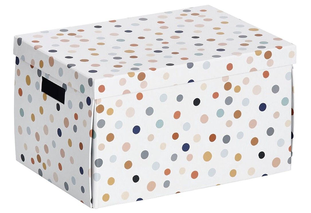 Geschlossene Aufbewahrungsbox mit Deckel. Weiß mit bunten Punkten. Schwarze Griffe an der Seite.