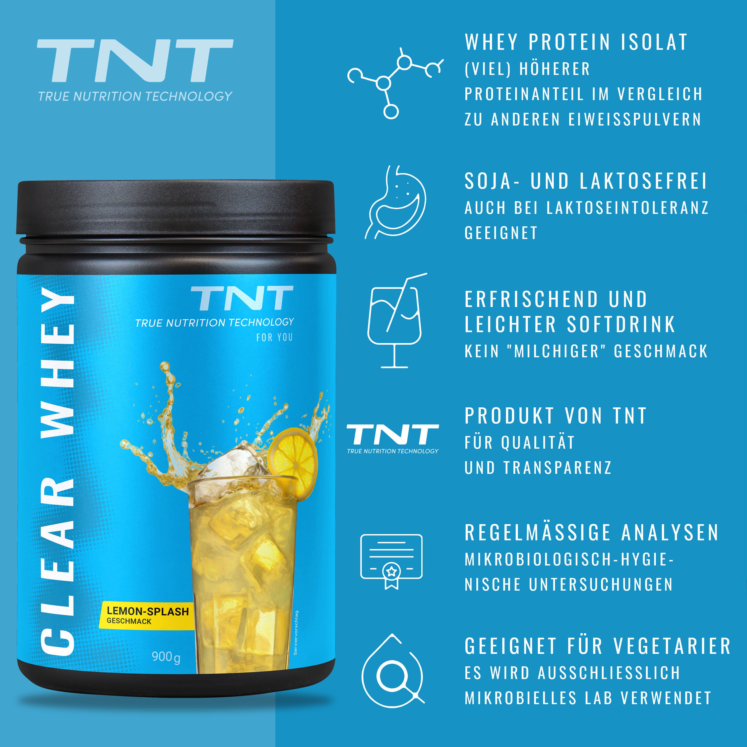 Blaue Infografik mit Produktinformationen. Dose TNT CLEAR WHEY, Abbildung eines Getränks. Text über Whey Protein, Soja- und Laktosefreiheit.