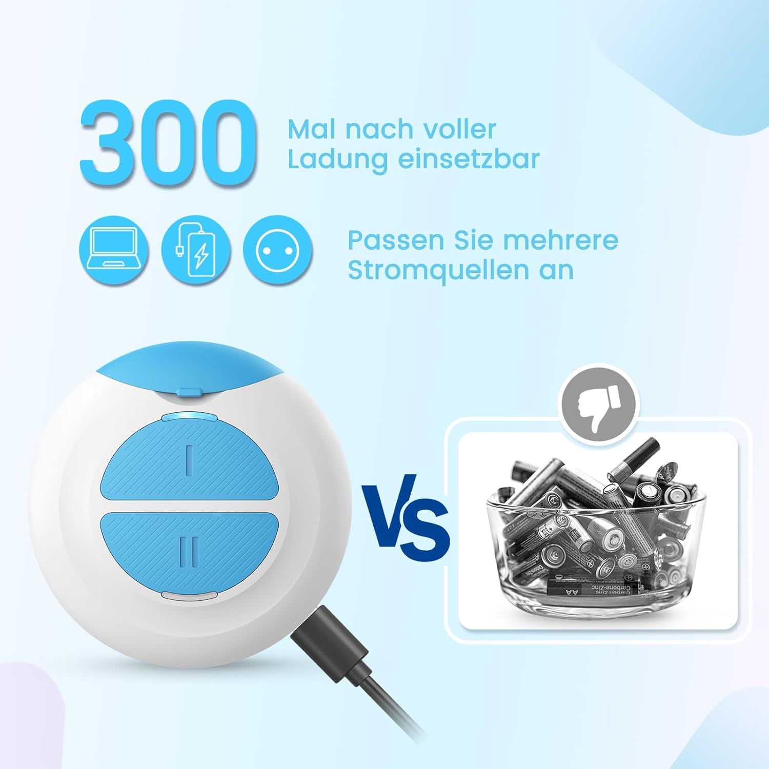 Weißes, ovales Gerät mit blauen Knöpfen. Vergleich: Gerät vs. Batterien. Text: '300 Mal einsetzbar'.