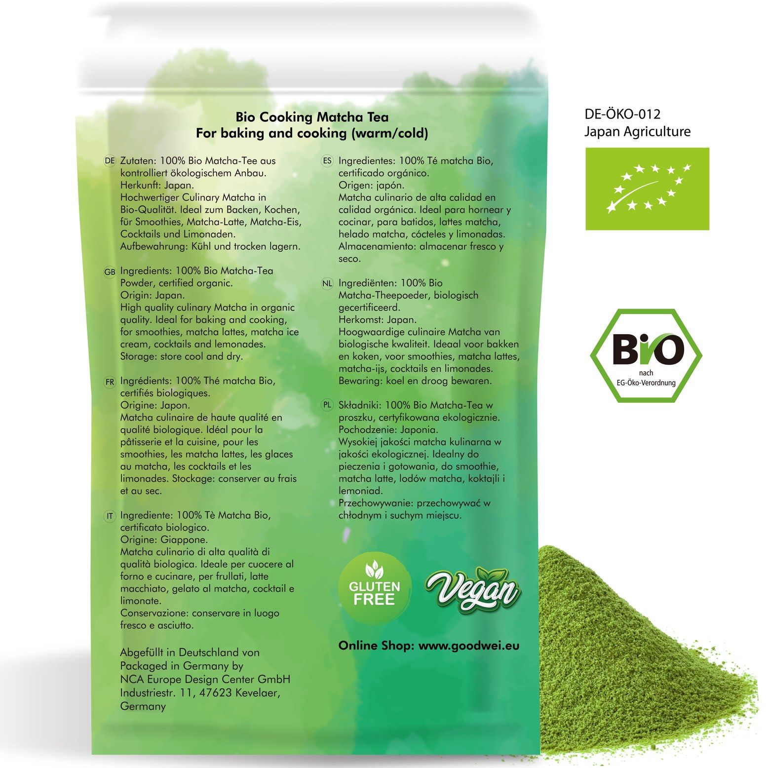 Rückseite der Matcha-Pulver-Verpackung. Text in Deutsch, Englisch, Spanisch, Französisch, Italienisch, Niederländisch, Polnisch. Bio-Siegel, Glutenfrei, Vegan.
