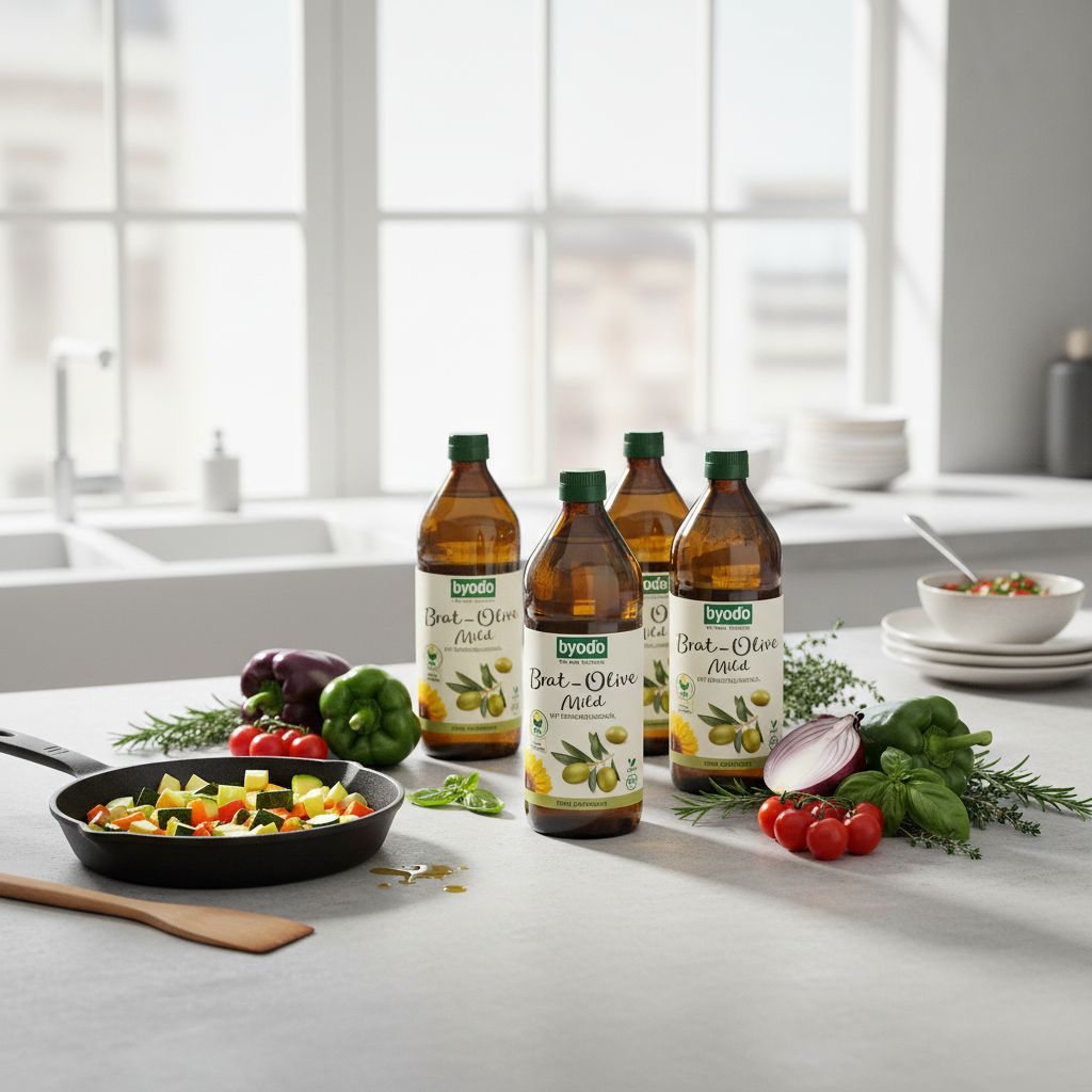 Vier Flaschen Bio Brat-Olive Öl mild mit Sonnenblumenöl stehen auf einer Küchentheke, daneben Gemüse und Kräuter.