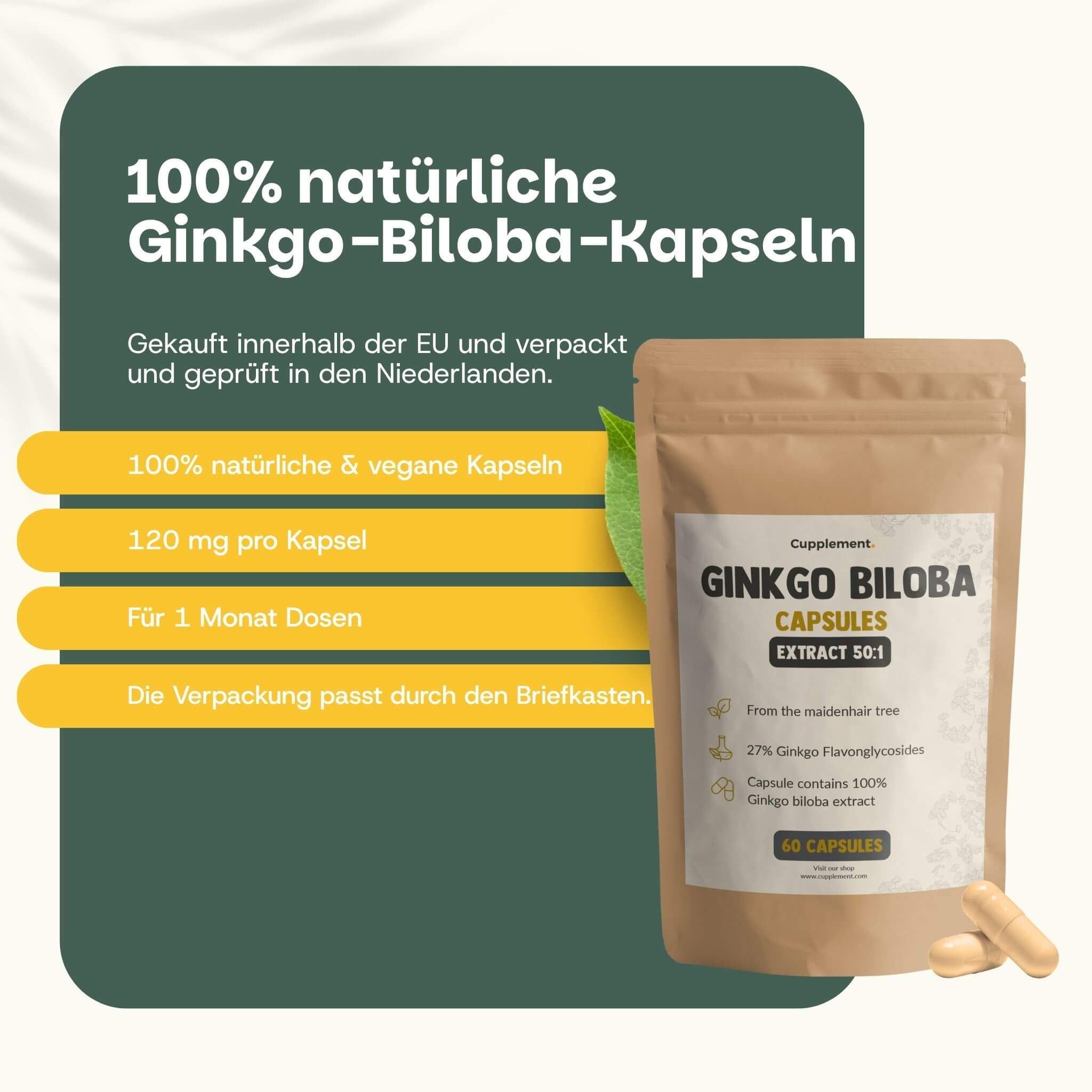 Beutel mit Ginkgo Biloba Kapseln. Text: 120 mg pro Kapsel, für 1 Monat Dosen, Verpackung passt durch den Briefkasten.