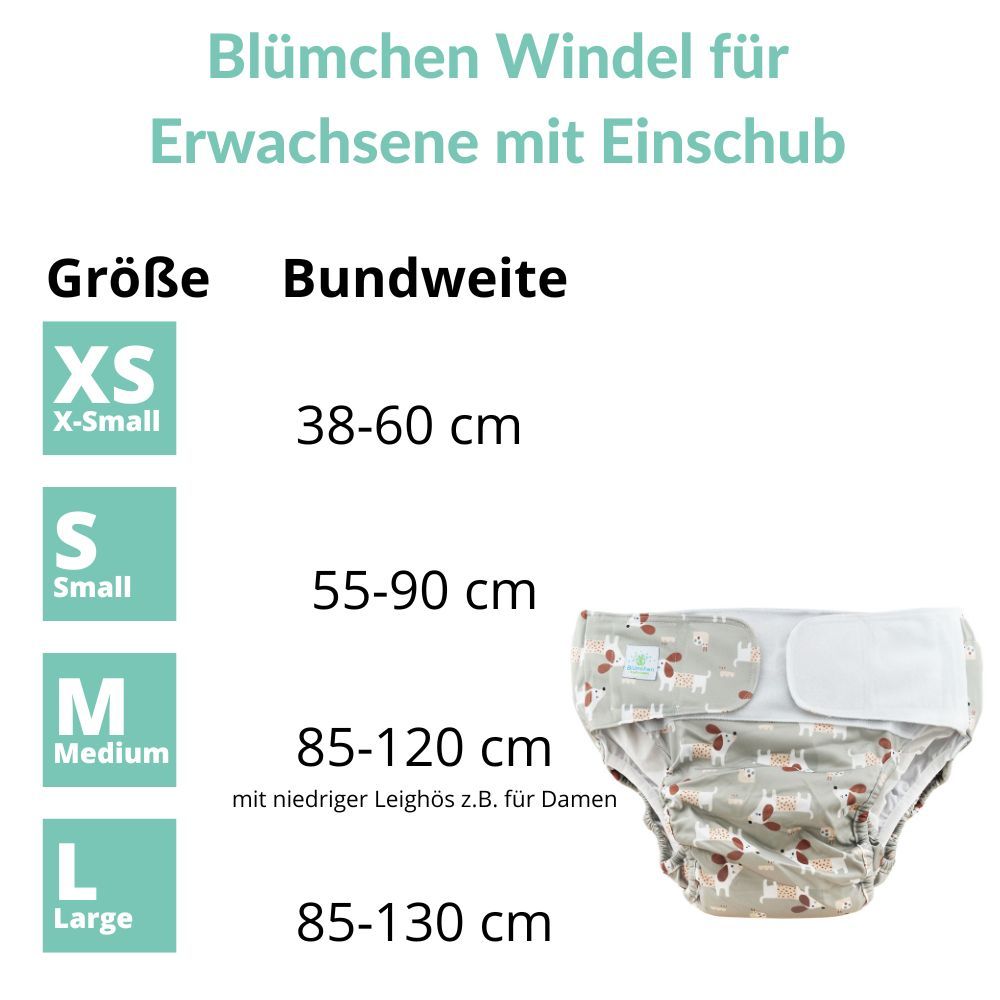 Größentabelle für waschbare Inkontinenzwindeln: XS, S, M, L mit Bundweitenangaben.