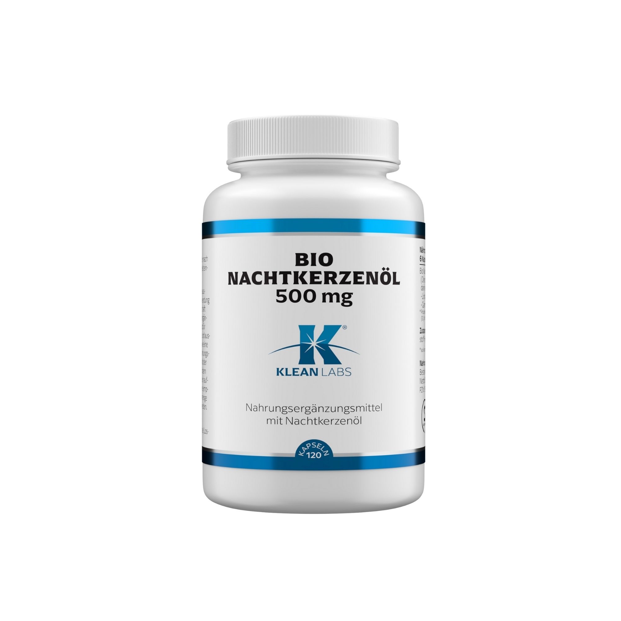 Weiße Flasche mit blauem Streifen. Aufschrift: BIO Nachtkerzenöl 500 mg, Klean Labs Logo. Nahrungsergänzungsmittel mit Nachtkerzenöl. 120 Kapseln.