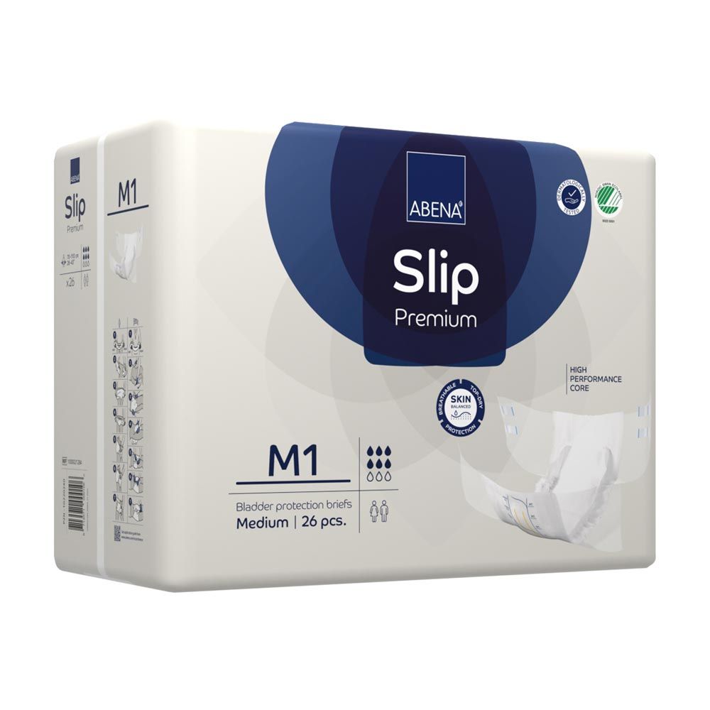 ABENA Slip Premium M1, Packung mit Produktbezeichnung und Logo. Medium Größe. Geöffnete Windel abgebildet.
