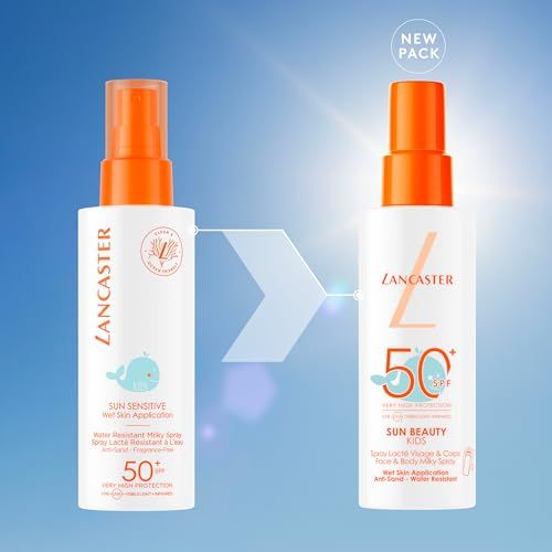 Zwei Sonnencreme-Sprays. Links: Sun Sensitive, rechts: Sun Beauty Kids. Beide weiß mit orangefarbenem Sprühkopf.