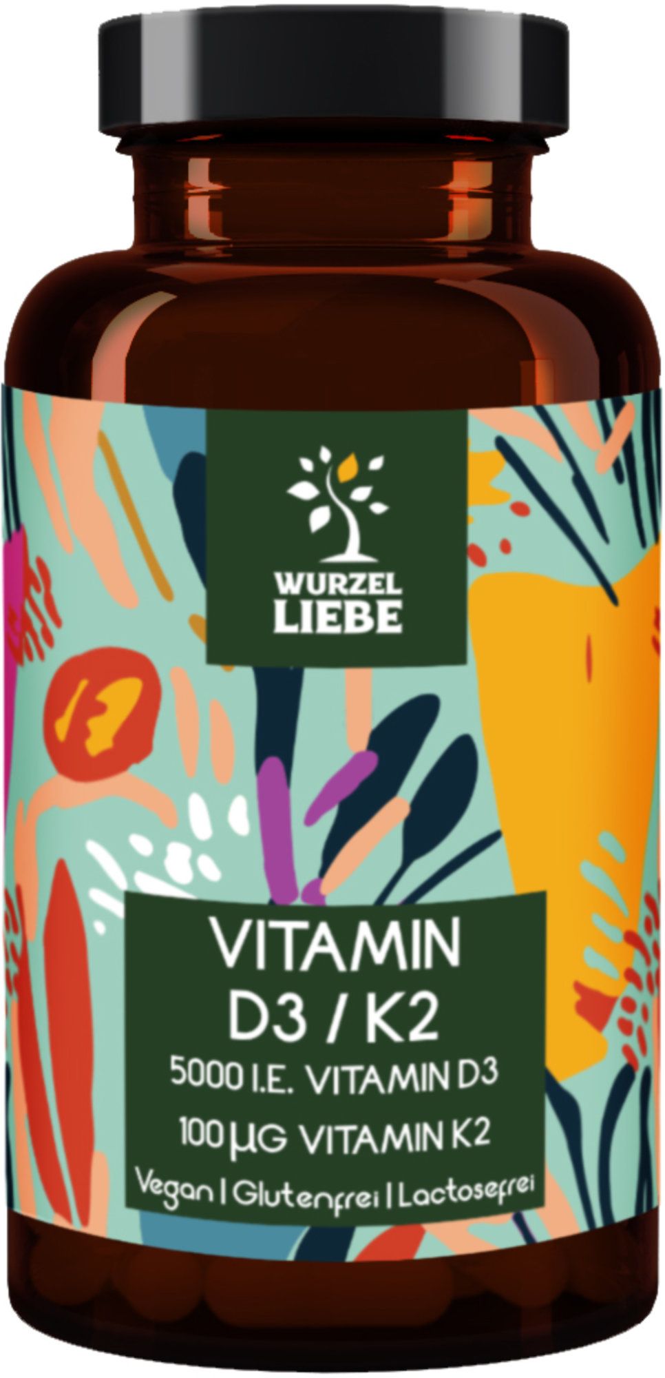 Braune Glasflasche mit schwarzem Deckel. Aufschrift: WURZEL LIEBE, Vitamin D3/K2. Vegan, glutenfrei, laktosefrei.