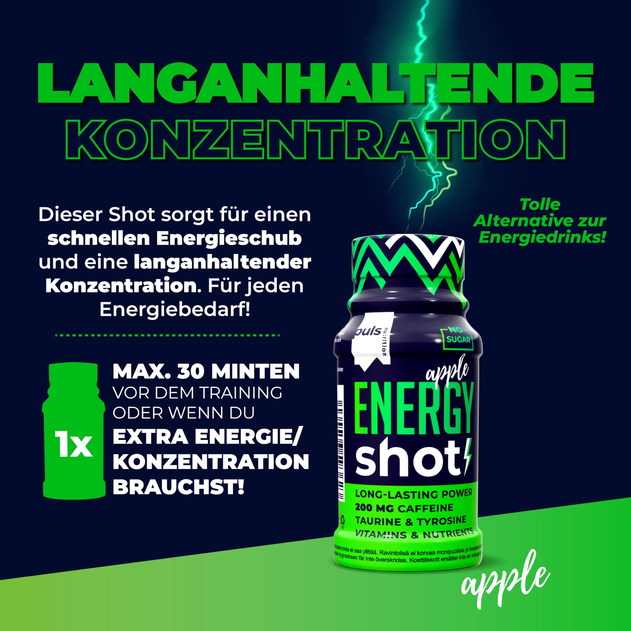 Puls Nutrition Energie Shot Apfel: Flasche mit grünen und schwarzen Zickzack-Akzenten. Text hebt langanhaltende Energie hervor.