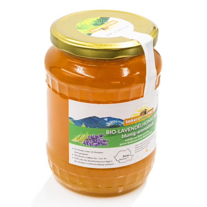 Glas Honig mit Etikett. Aufschrift: BIO-Lavendelhonig (roh).