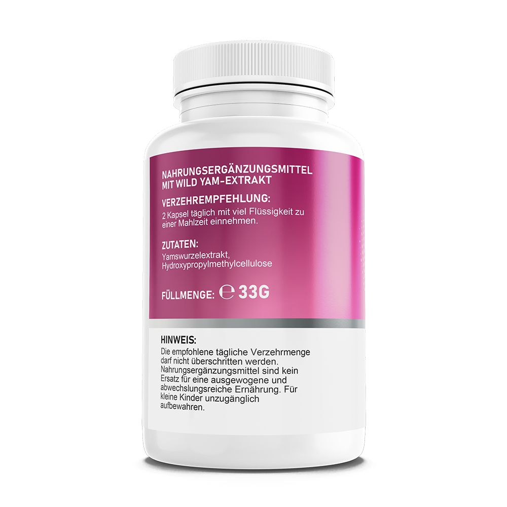 Rückseite einer weißen Flasche mit rosa Etikett. Text: Nahrungsergänzungsmittel mit Wild Yam-Extrakt. Zutatenliste und Füllmenge: 33G.