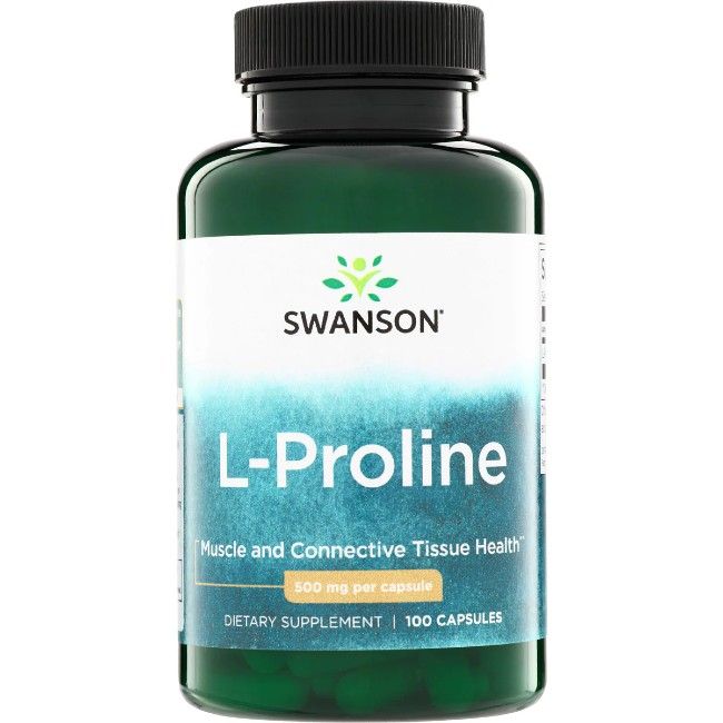 Grüne Kapselbehälter mit Swanson L-Prolin 500 mg Etikett, 100 Kapseln.