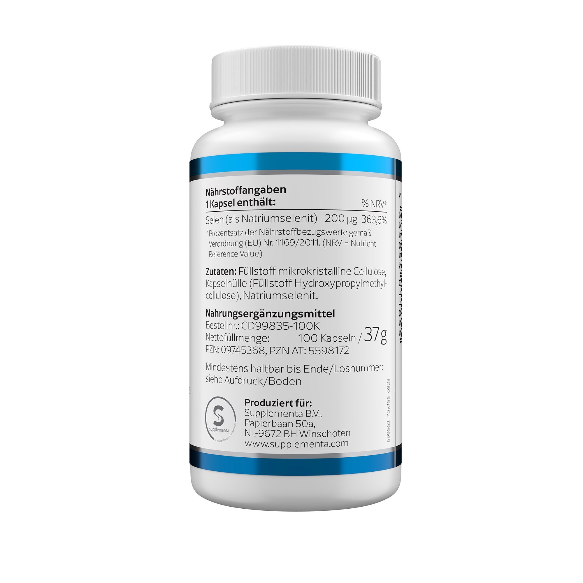 Rückseite der weißen Flasche. Angaben zu Nährstoffen, Zutaten, Hersteller. 100 Kapseln/37g. Mindesthaltbarkeit. Supplementa.