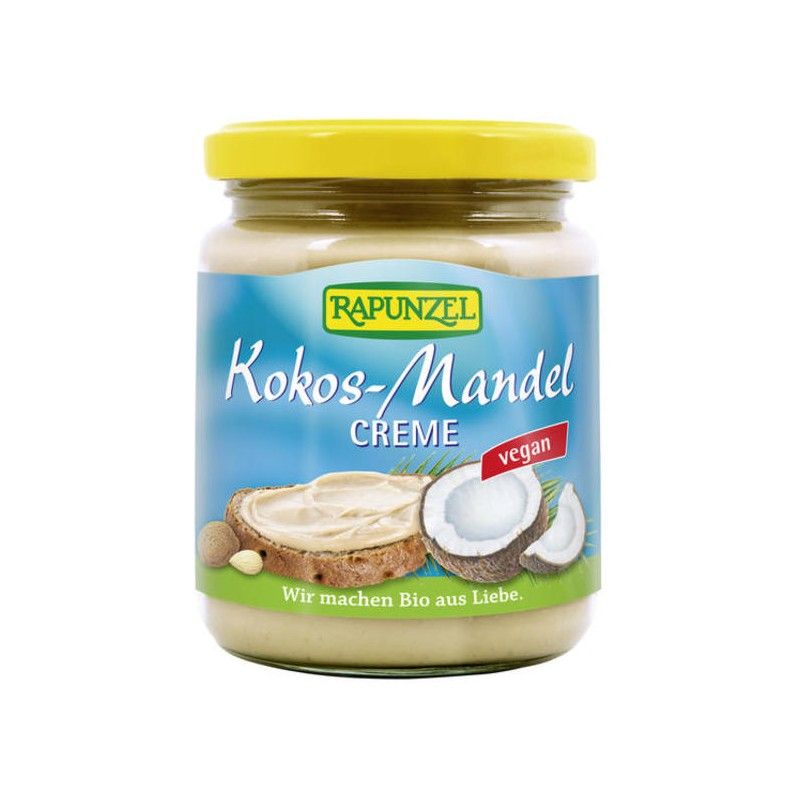 Glas mit gelbem Deckel. Aufschrift: Kokos-Mandel Creme, vegan. Abbildung von Kokosnuss und Brotscheibe mit Creme.