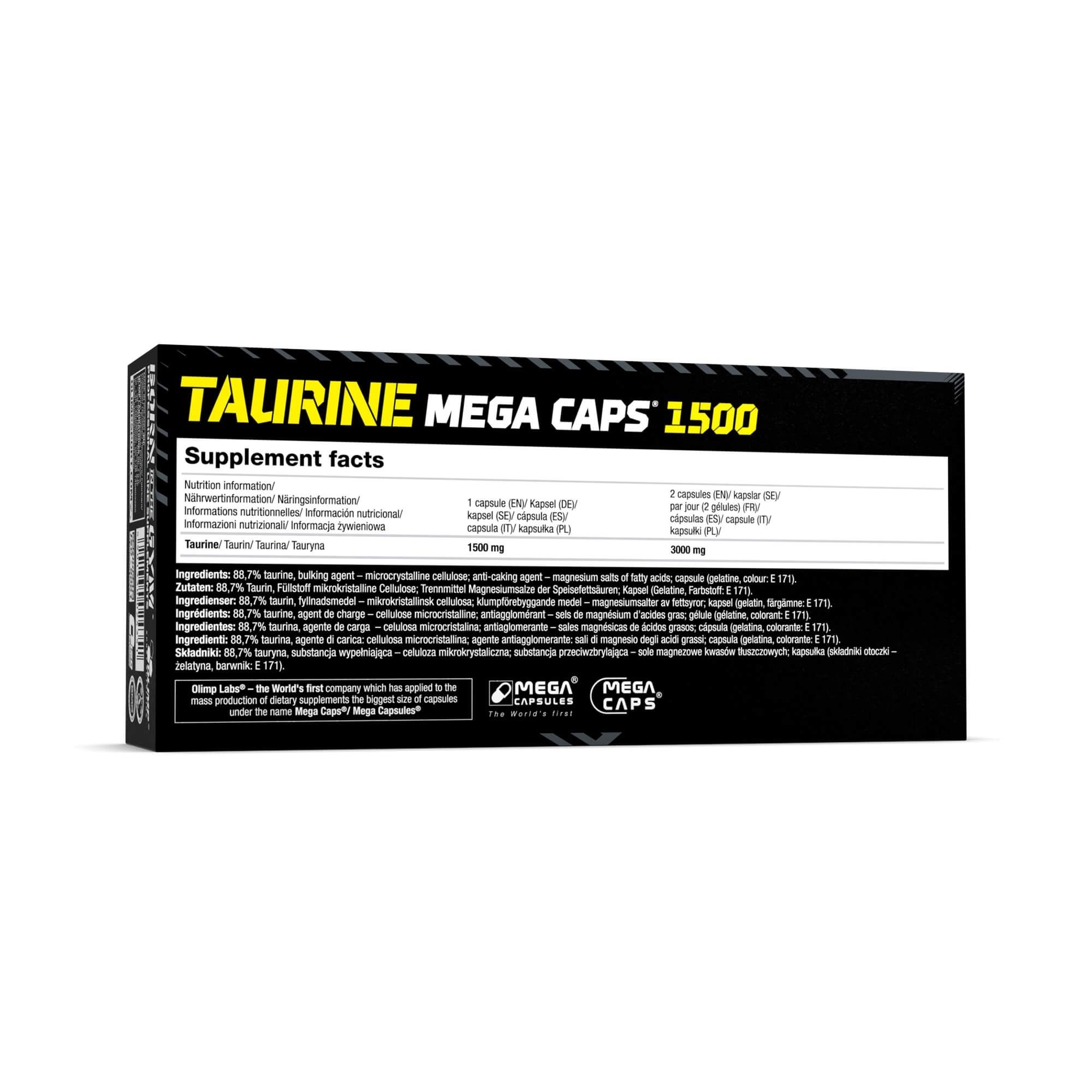 Rückseite der Olimp Taurine Mega Caps 1500 Kapsel-Verpackung mit Nährwertangaben.