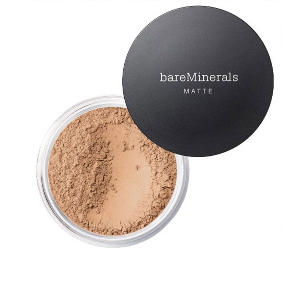 Runder Behälter mit losem Puder. Deckel daneben. Auf dem Deckel steht "bareMinerals MATTE".