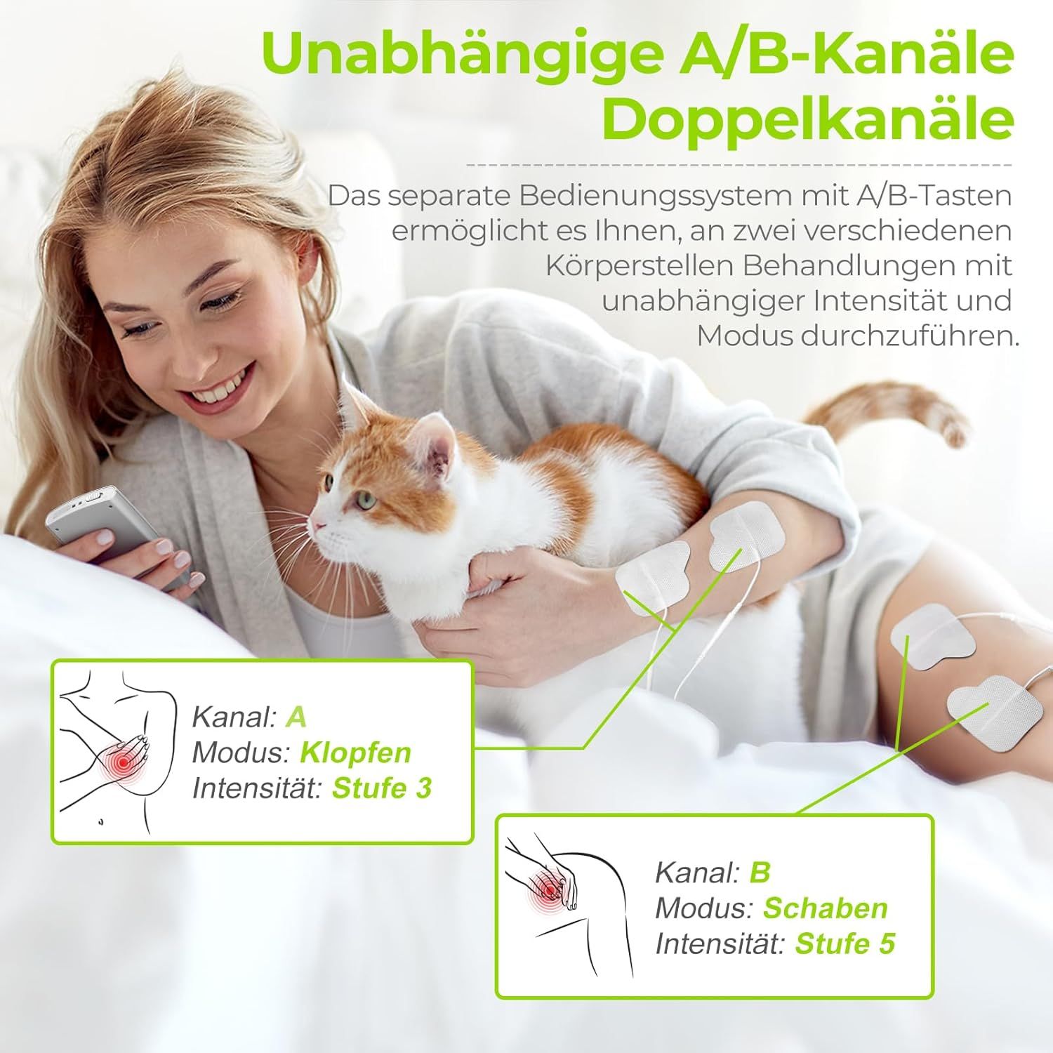 TENS-Gerät mit 4 Ausgängen, 24 Programmen (TENS/EMS), 20 Intensitätsstufen, Akku für 10 Stunden Nutzung.