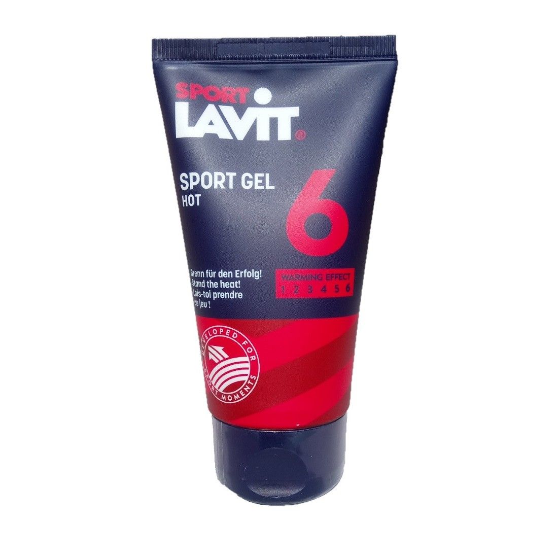 Dunkelblaue Tube mit roter und weißer Schrift. "Sport Lavit" und "Sport Gel Hot" sind sichtbar. Rote Zahl 6.