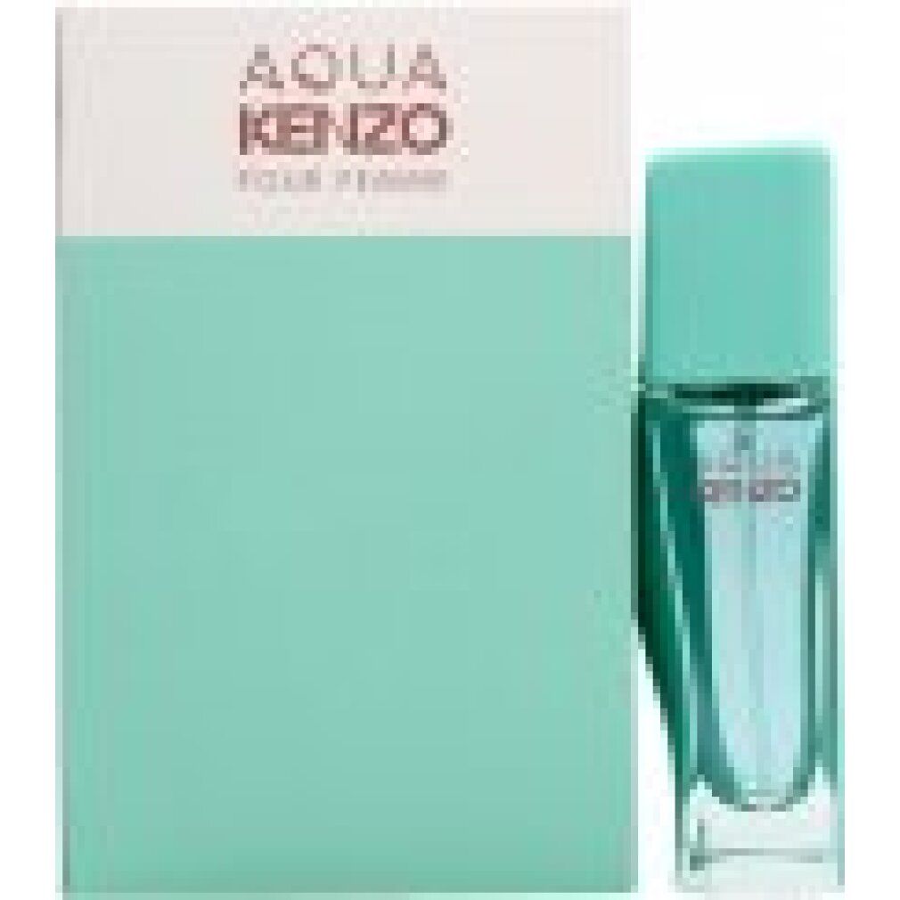 Türkisgrüner Flakon und Verpackung. Aqua Kenzo Pour Femme. Eau de Toilette. Flakon neben der Verpackung.