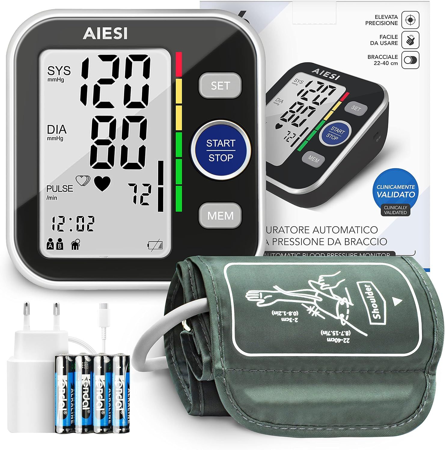 Aiesi Digitaler Oberarm-Blutdruckmesser mit Manschette (22-40 cm), Netzteil, USB-Kabel und 4 AAA-Batterien.