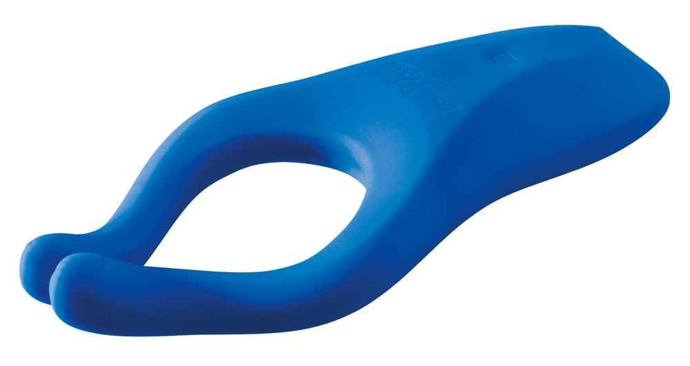 Blaues, ergonomisch geformtes Wellness-Produkt. Mit zwei Ausbuchtungen und einer Öffnung in der Mitte.