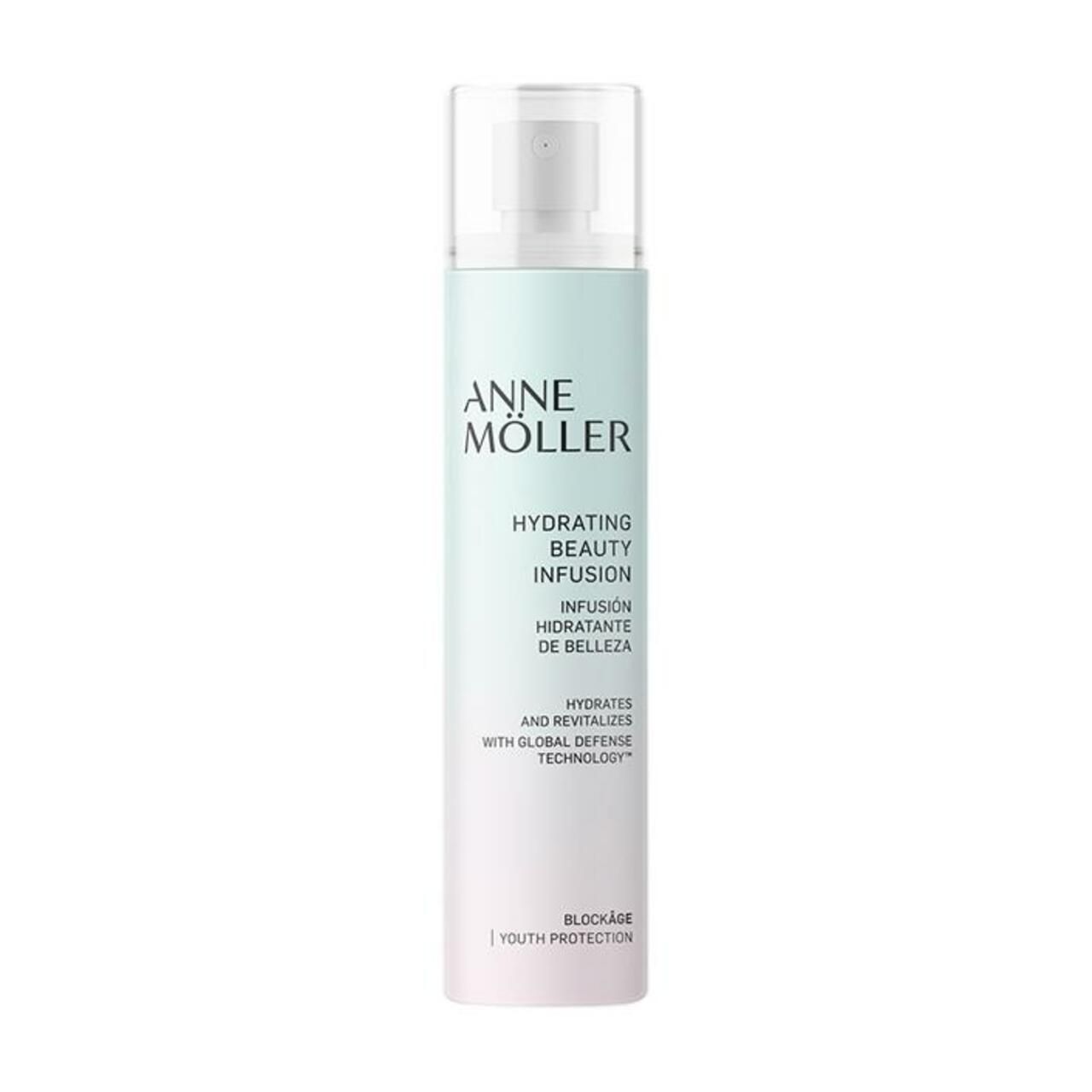 Flasche mit Sprühkopf. Aufschrift: Anne Möller, Hydrating Beauty Infusion. Farbverlauf von Weiß zu Mintgrün.