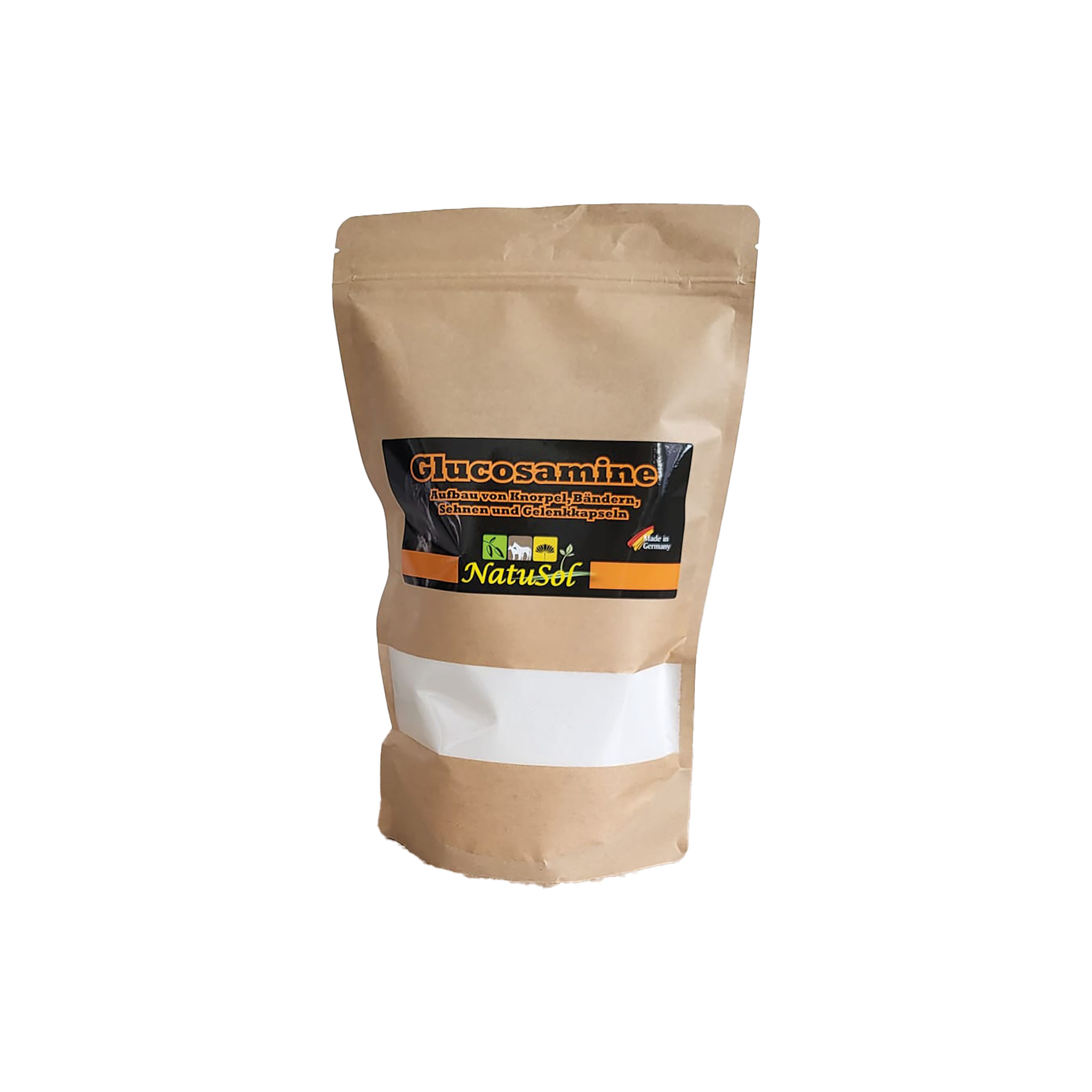 Beutel mit Glucosamin-Pulver. Braune Papierverpackung mit Sichtfenster. Aufdruck: NatuSol, Glucosamine.