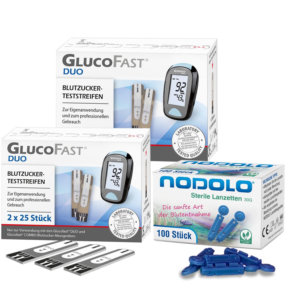 Glucofast Duo 2 x Blutzucker-Teststreifen und Nodolo Lanzetten im Kombiset