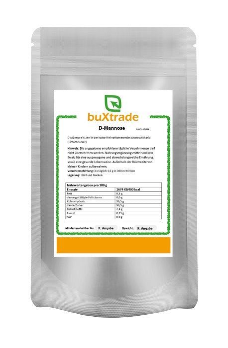 Beutel mit buXtrade D-Mannose Pulver. Weißer Beutel mit Etikett. Grün umrandetes Etikett mit Text und Nährwertangaben.