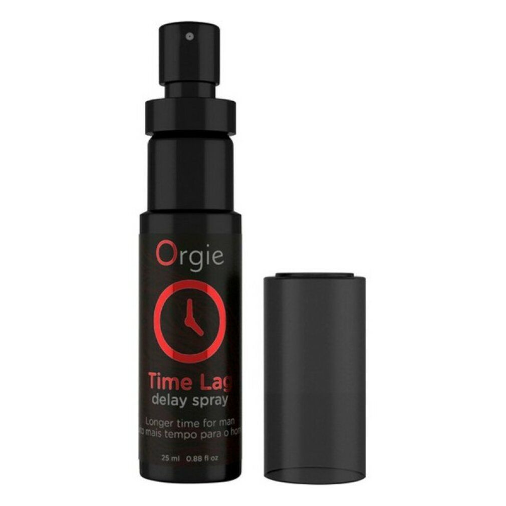 Schwarze Sprühflasche mit rotem Logo und Schriftzug. Kappe daneben. Produktname: Time Lag Delay Spray.
