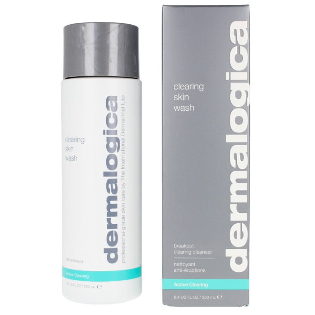 Dermalogica-Produkt und Verpackung. Aufschrift: clearing skin wash, Active Clearing, breakout clearing cleanser.