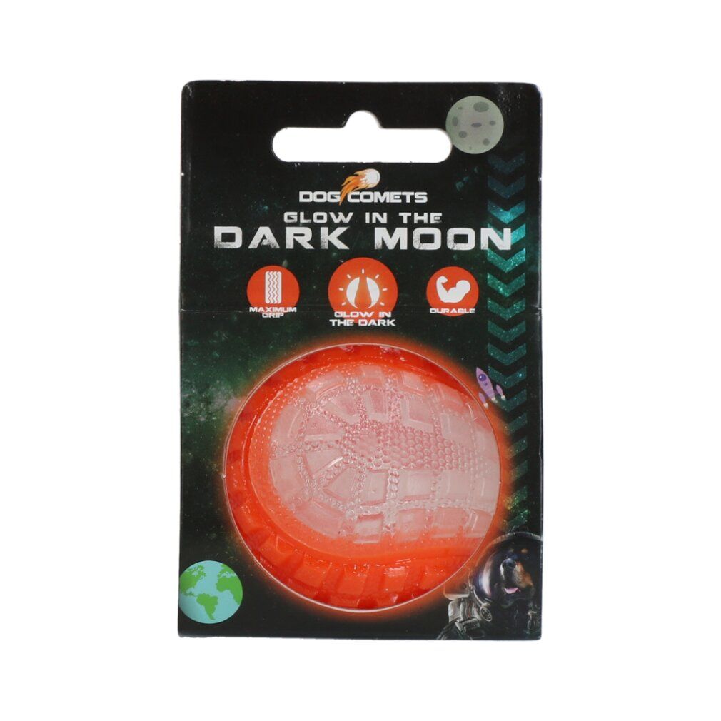 Verpackung mit orangefarbenem Ball. Text: DOG COMETS, GLOW IN THE DARK MOON. Illustrationen.