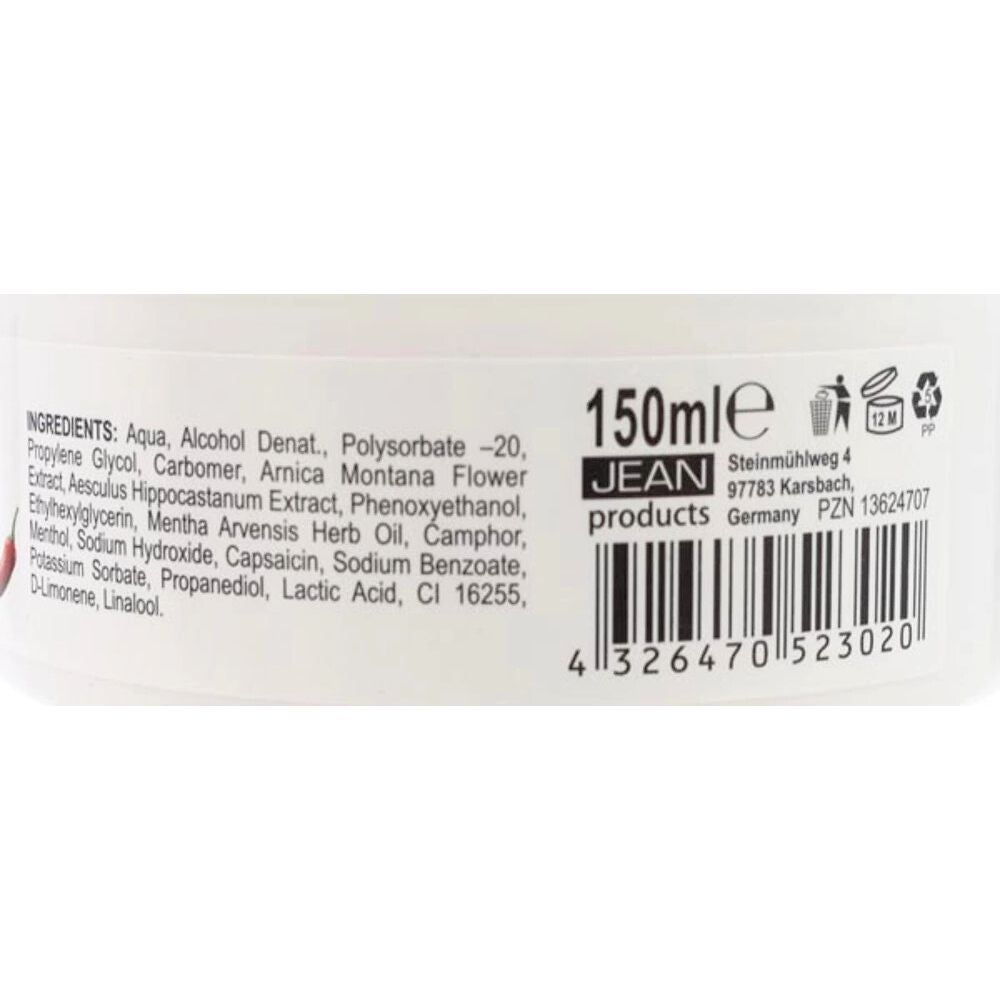 Rückseite eines weißen Tiegels. Aufschrift: Inhaltsstoffe, 150ml, Herstellerinformationen, Barcode.