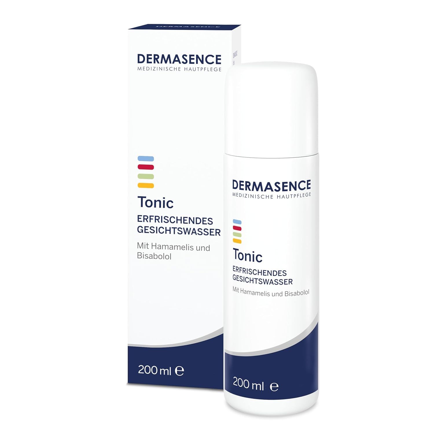 Weißes Tonic-Flakon und Verpackung. Text: DERMASENCE, Tonic erfrischendes Gesichtswasser. 200 ml. Mit Hamamelis und Bisabolol.