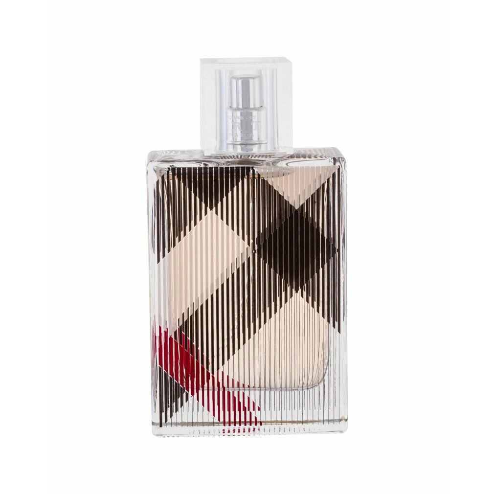 Burberry Brit for Her Flakon. Rechteckiger Glasflakon mit Karomuster. Transparenter Sprühkopf.