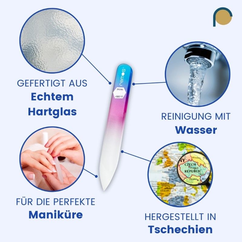 Glasnagelfeile, beidseitig, hergestellt aus Echtglas. Reinigung mit Wasser. Hergestellt in Tschechien.