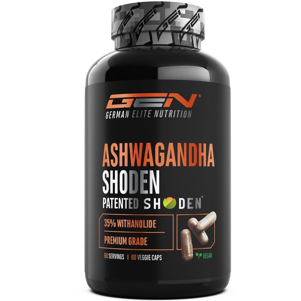 Schwarze Flasche mit GEN Ashwagandha Shoden Kapseln. Enthält 60 Kapseln. Vegan. Aufschrift: 35% Withanolide, Premium Grade.