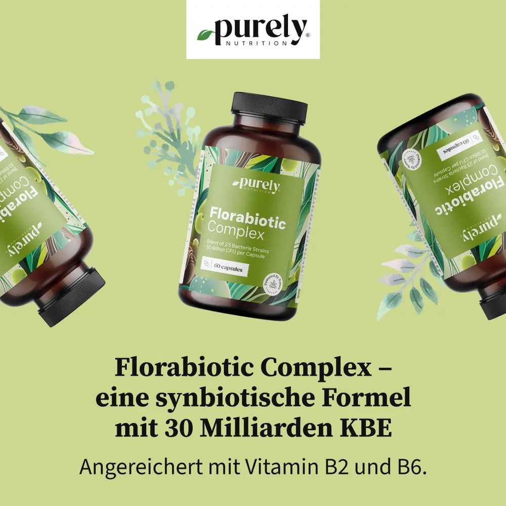 Drei Flaschen mit grünem Etikett. Aufschrift: Florabiotic Complex. Hintergrund: grüne Blätter.