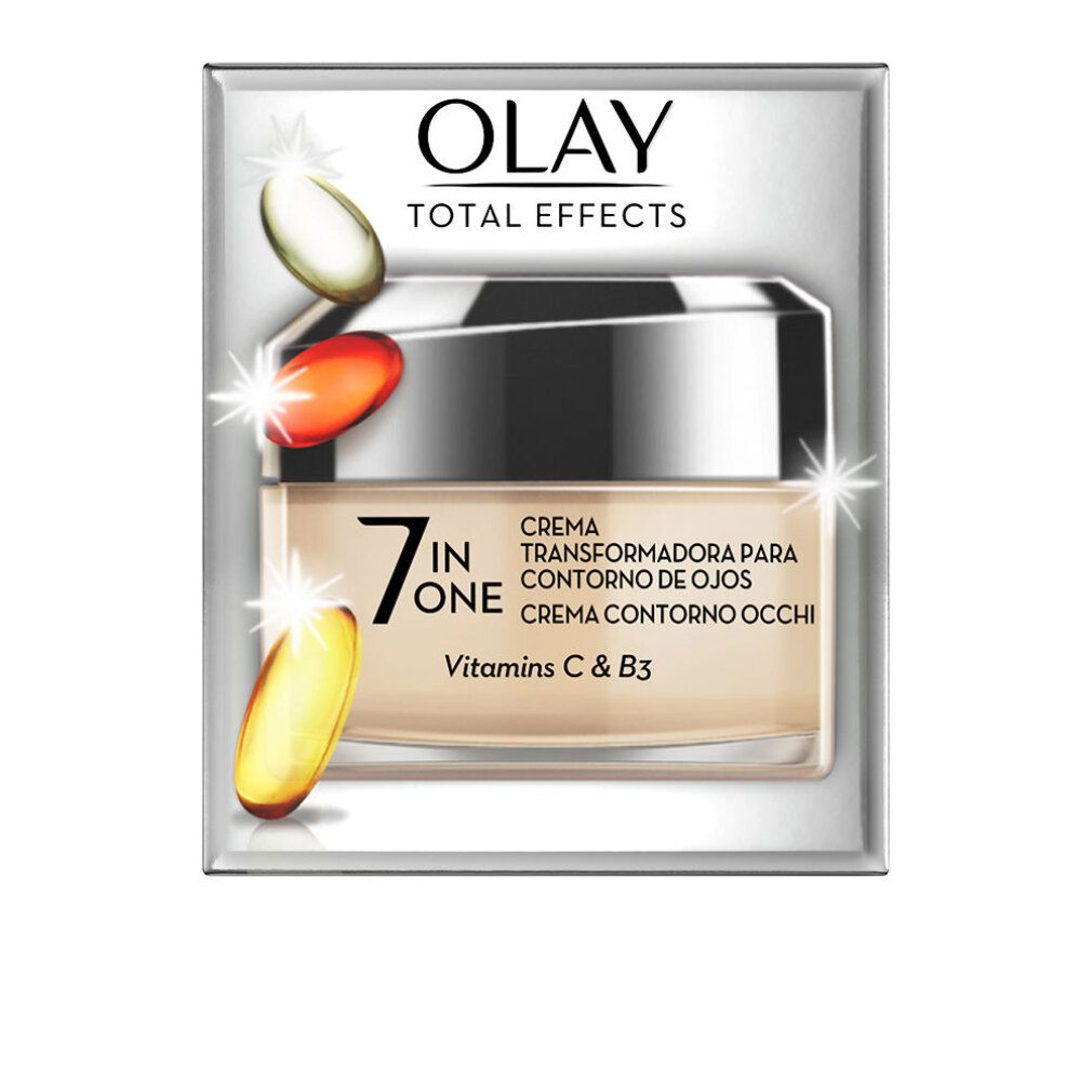 Olay Total Effects Augencreme. Creme in einem Glas mit schwarzem Deckel. Verpackung mit Produktnamen, Logo und Vitaminen C & B3.