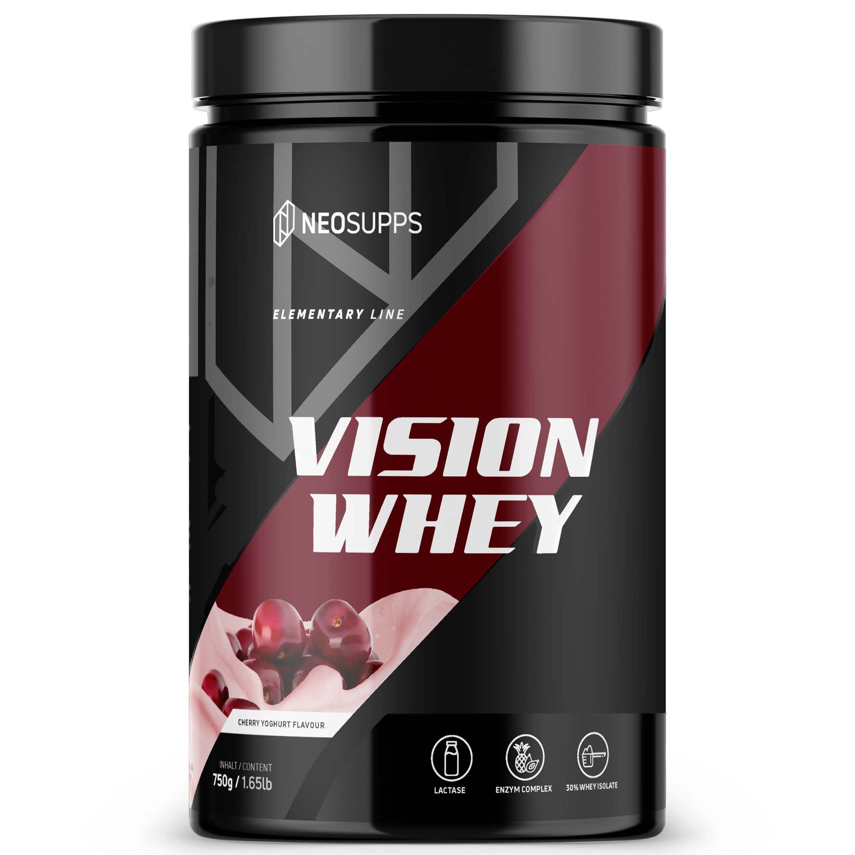 Dose Vision Whey. Schwarze Dose mit rotem Etikett. Text: Vision Whey, Cherry Yoghurt Flavour. 750g/1.65lb.