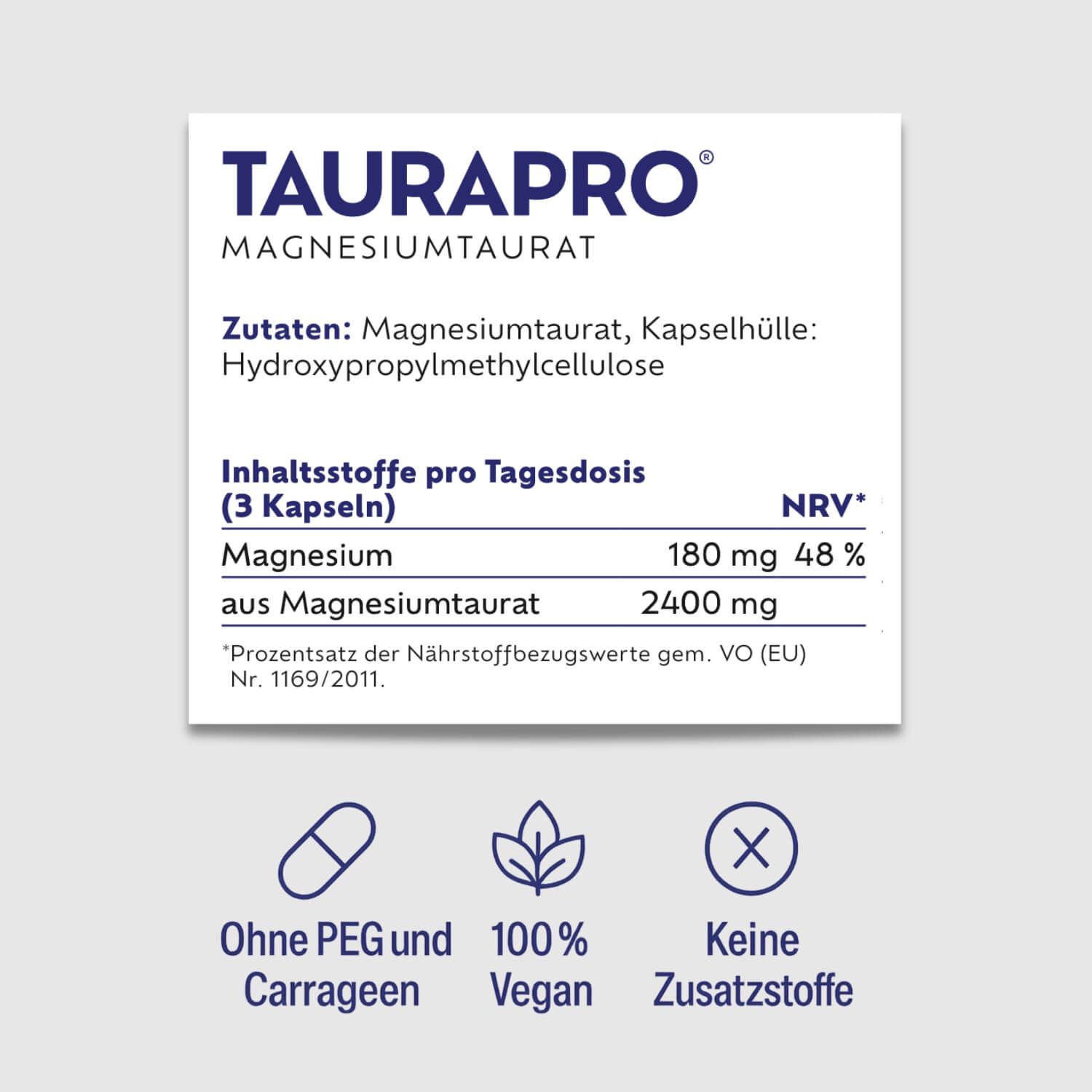 Texttafel mit Inhaltsstoffen und Nährwerten von TAURAPRO. Ohne PEG und Carrageen.