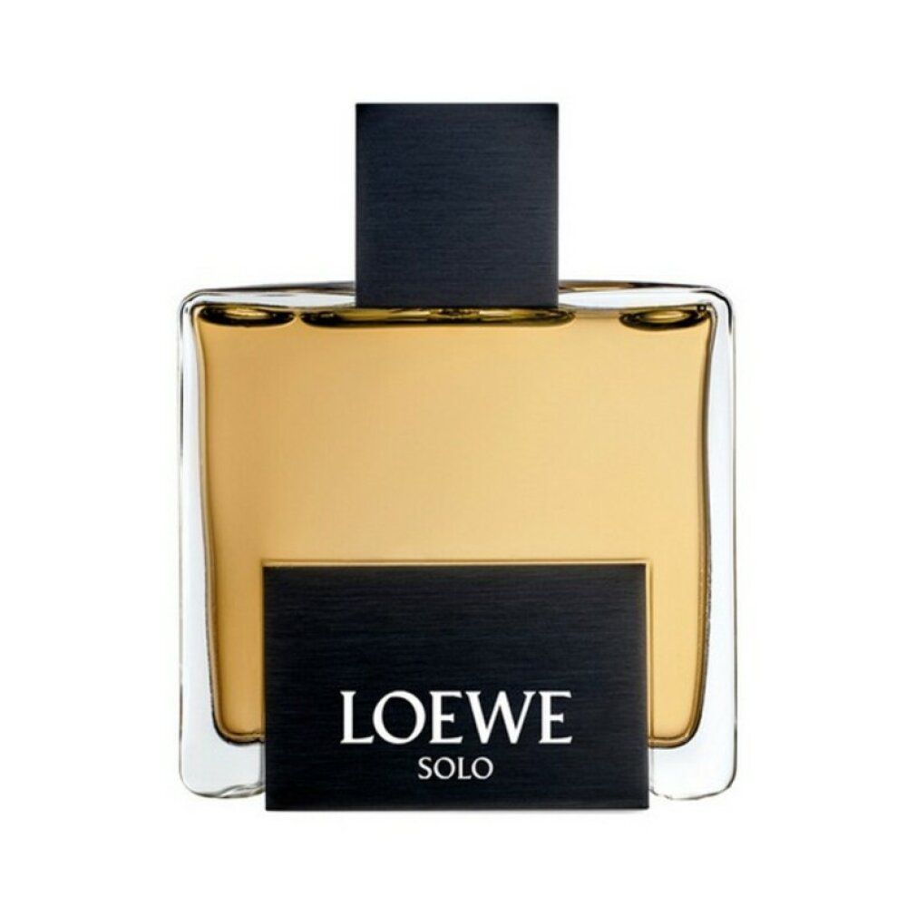 Quadratische Glasflasche mit schwarzem Deckel. Auf dem Etikett steht "LOEWE SOLO".