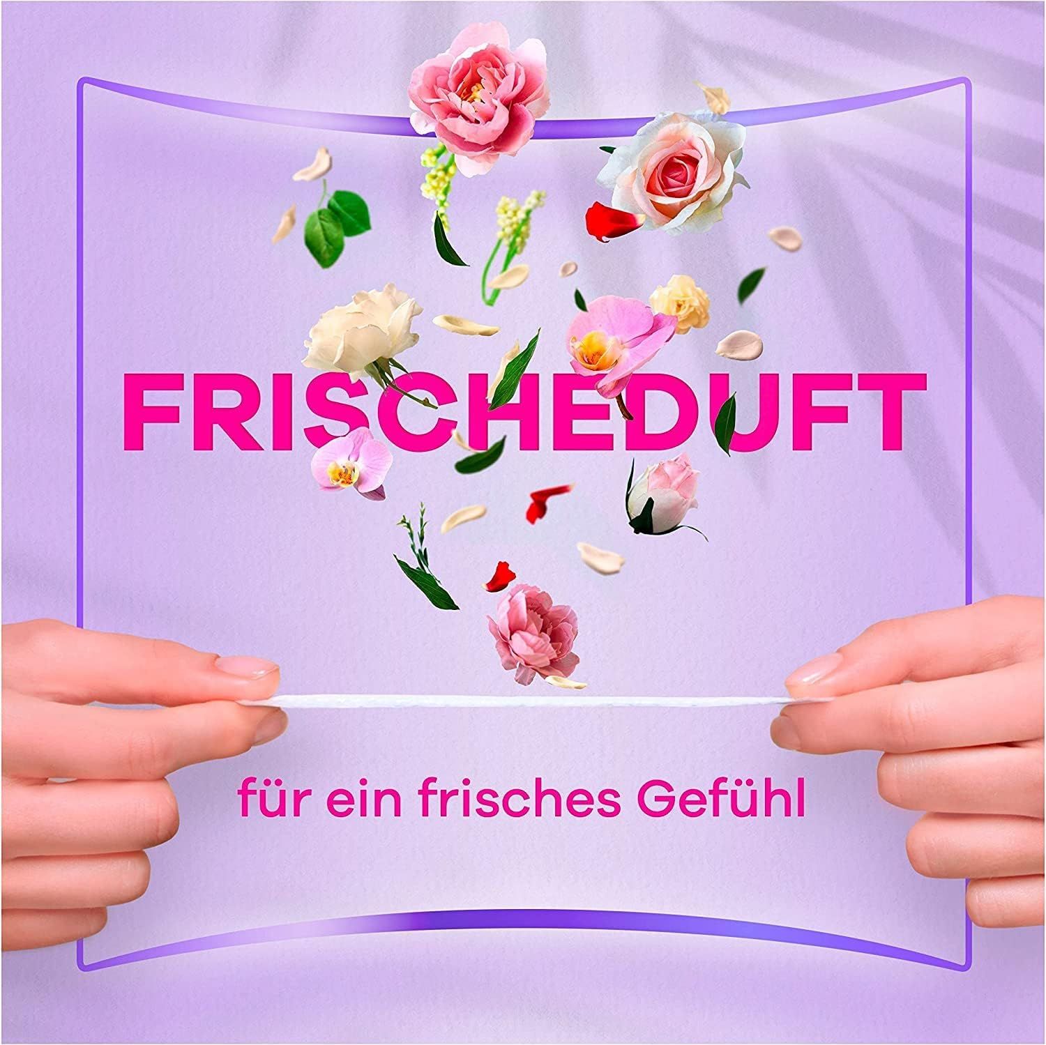 Weiße Slipeinlage, gehalten von Händen. Text: Frischeduft, für ein frisches Gefühl. Blumen und Blüten.