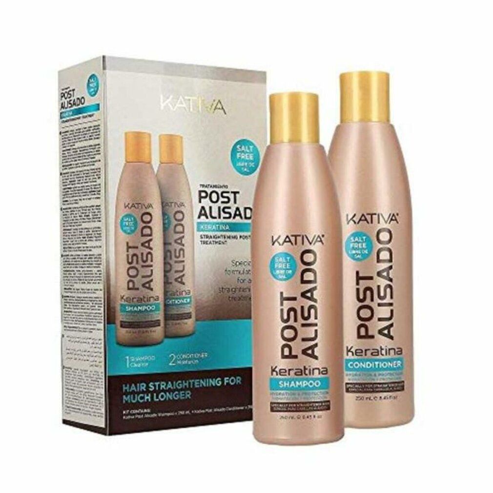 Kativa Keratina Shampoo Set. Zwei Flaschen Shampoo und Conditioner. Text: Post Alisado, Keratina, Salt Free.