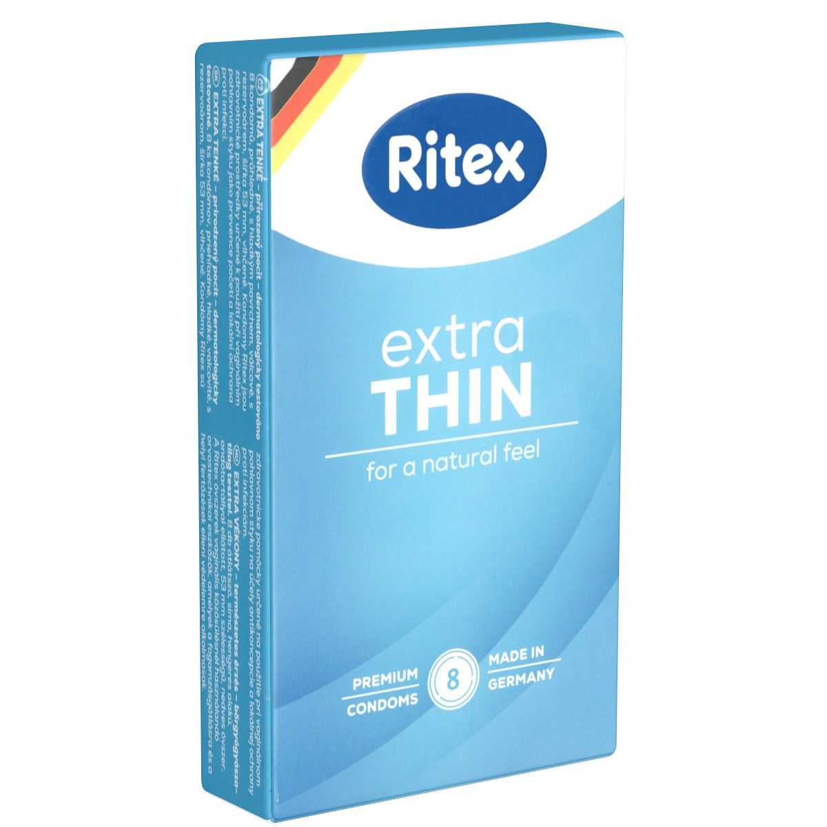 Blau-weiße Verpackung mit "Ritex"-Logo und "extra THIN" Schriftzug. Enthält 8 Kondome. Hergestellt in Deutschland.