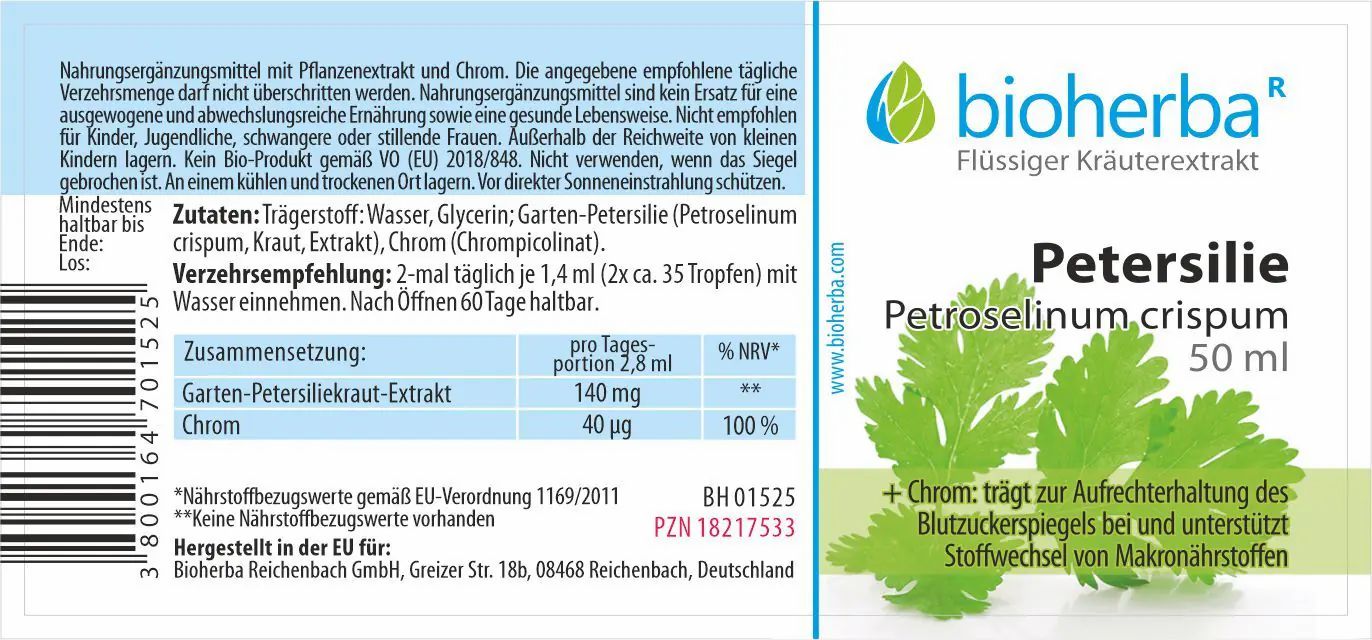 Etikett mit Produktnamen, Kräuterabbildung, Herstellerlogo und Inhaltsangaben. Enthält Informationen zur Zusammensetzung.