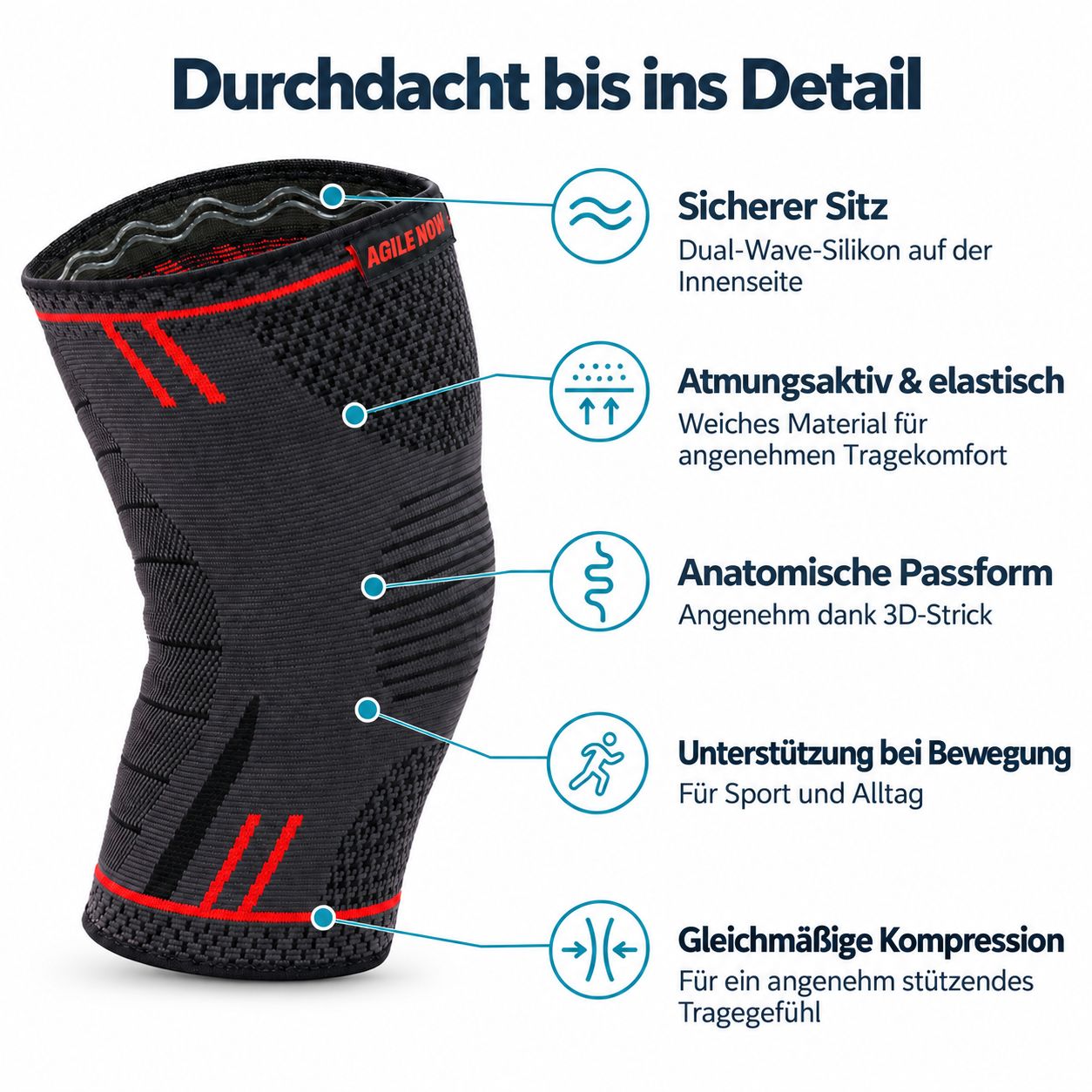 Schwarze Kniebandage mit roten Akzenten, atmungsaktiv und elastisch, mit anatomischer Passform.