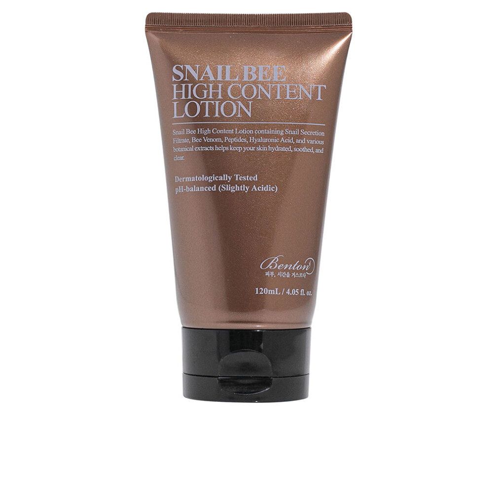 Braune Tube mit schwarzem Deckel. Aufschrift: Snail Bee High Content Lotion. Marke Benton. Text: Dermatologisch getestet, pH-ausgewogen.