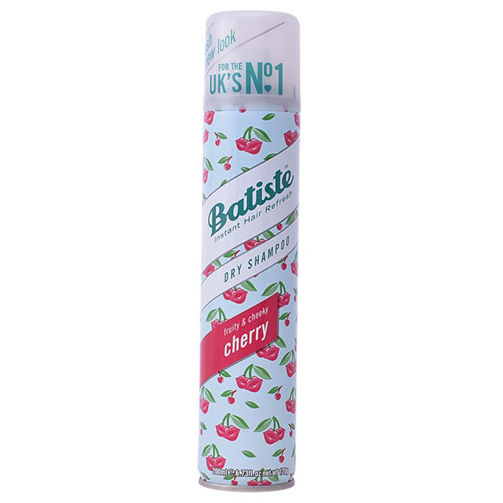 Trockenshampoo-Spraydose mit Kirschmuster. Aufschrift: Batiste, Dry Shampoo, Cherry. Oben: UK's No.1.